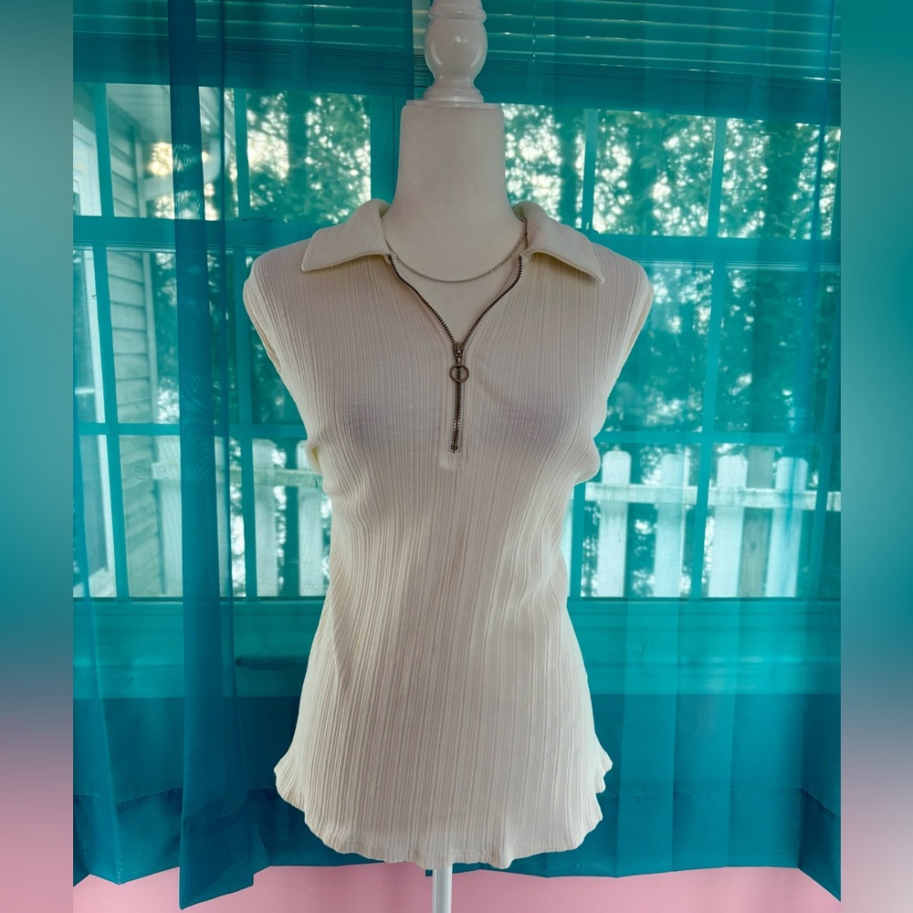 Ella Rafaella Women’s Ribbed Sleeveless Cream Zip Polo Blouse Size 2X